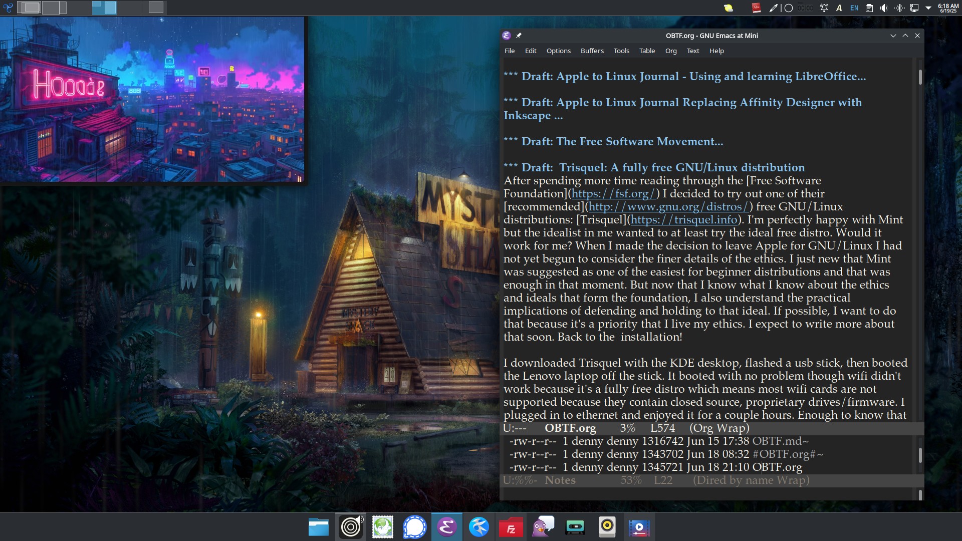 A screenshot with a small web browser window in the top left of the screen and an Emacs window being used to edit text. The wallpaper of the computer is a painting/illustration of a  rainy woodland with a large A-Frame style cabin