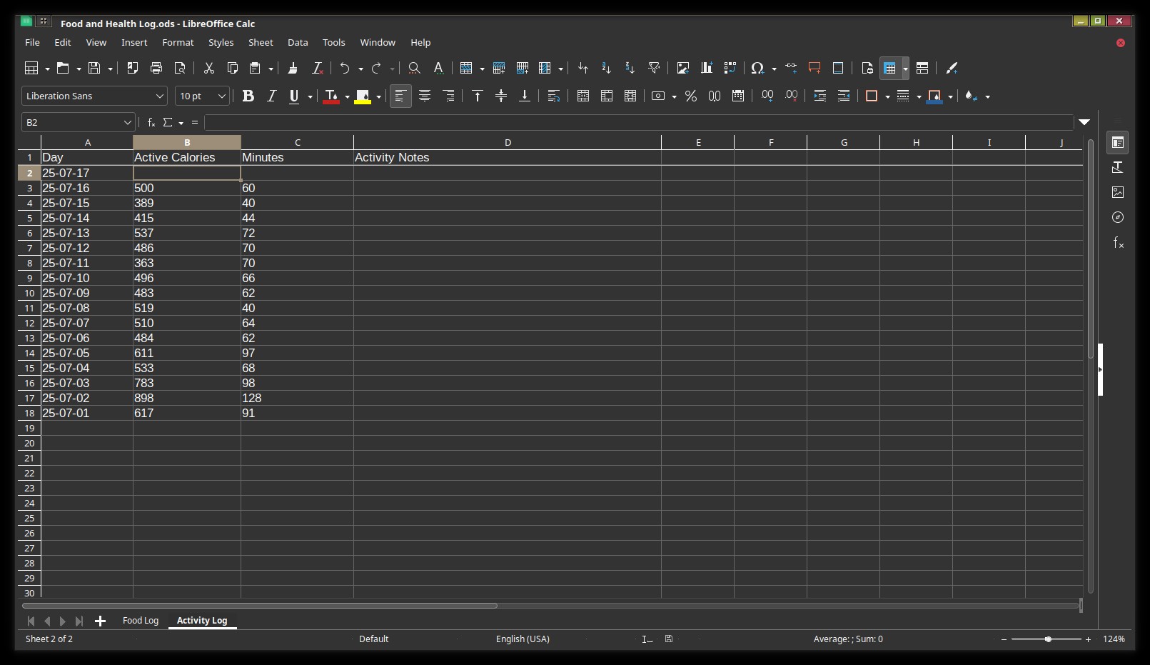 A screenshot of the LibreOffice Calc app displaying a spreadsheet with columns and rows of data for tracking exercise: Date, calories, exercise minutes
