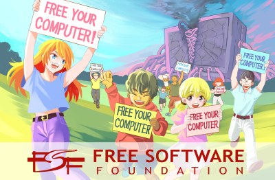 An anime style image graphic with several young people in a green field. They are happy, celebrating holding up signs with text that says Free your computer. The bottom of graphic says FSF, Free Software Foundation 