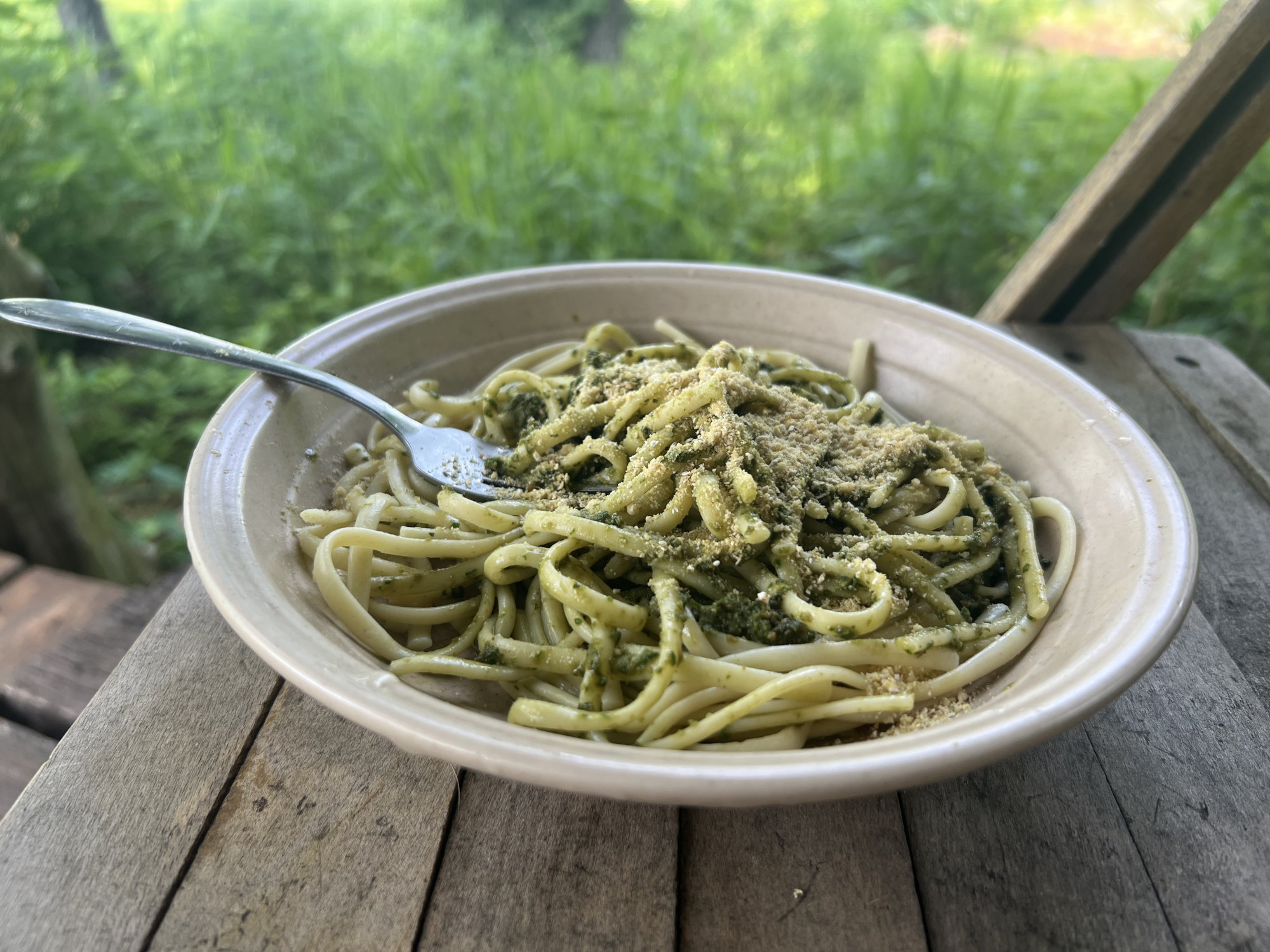 A shallow, cream colored bowl filled with linguini mixed with dark green pesto sitting on a wooden chair against a lush green background of foliage